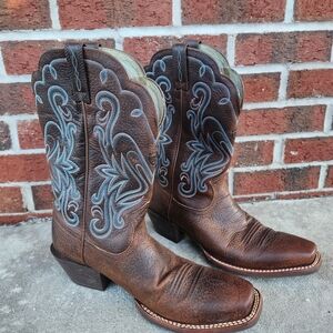 Ariat Brown Leather Western Boots Blue Stiching Size 9.5B